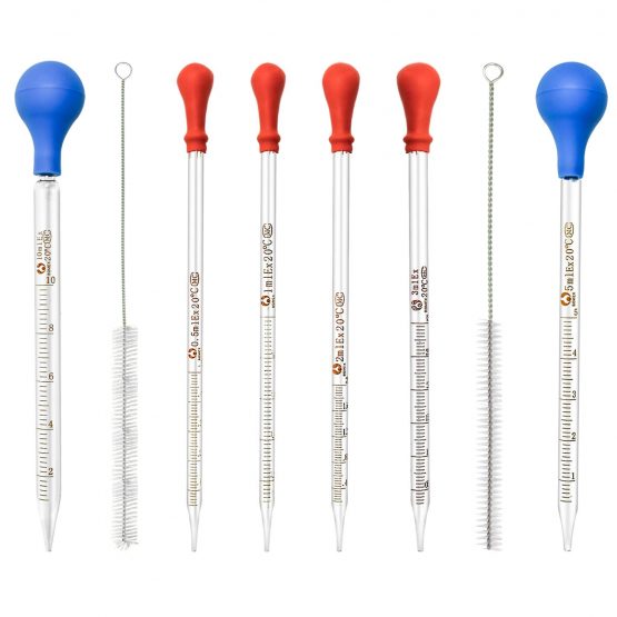 Wandefol 6pcs Glass Pipettes 0.5ml,1ml,2ml,3ml,5ml,10ml with Rubber Suction Ball, Graduated Dropper + 2 * Cleaning Brush Laboratory Chemistry