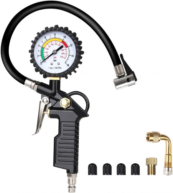 URAQT Tyre Pressure Gauge, 220 PSI Tyre Inflator with Pressure Gauge Air Compressor, Valve Air Chuck and 90 Degree Valve Extender for Heavy Duty Car Motorcycle Bicycle