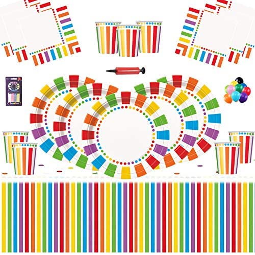 Offer Shop Rainbow Party Kids Birthday Decoration-Rainbow Plates Cups Napkins Table Cover -16 Guests, Rainbow Kit - 16