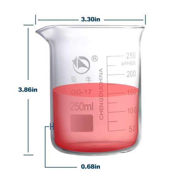 Yizerel Glass Beakers, Pack of 6 Low Form Glass Measuring & Glass Droppers Set, 3 Graduated Griffin Beakers in 3 sizes with scales, 250ml, 100ml, 50ml, 3 Glass Droppers without scales (3ml per drop) - Image 2