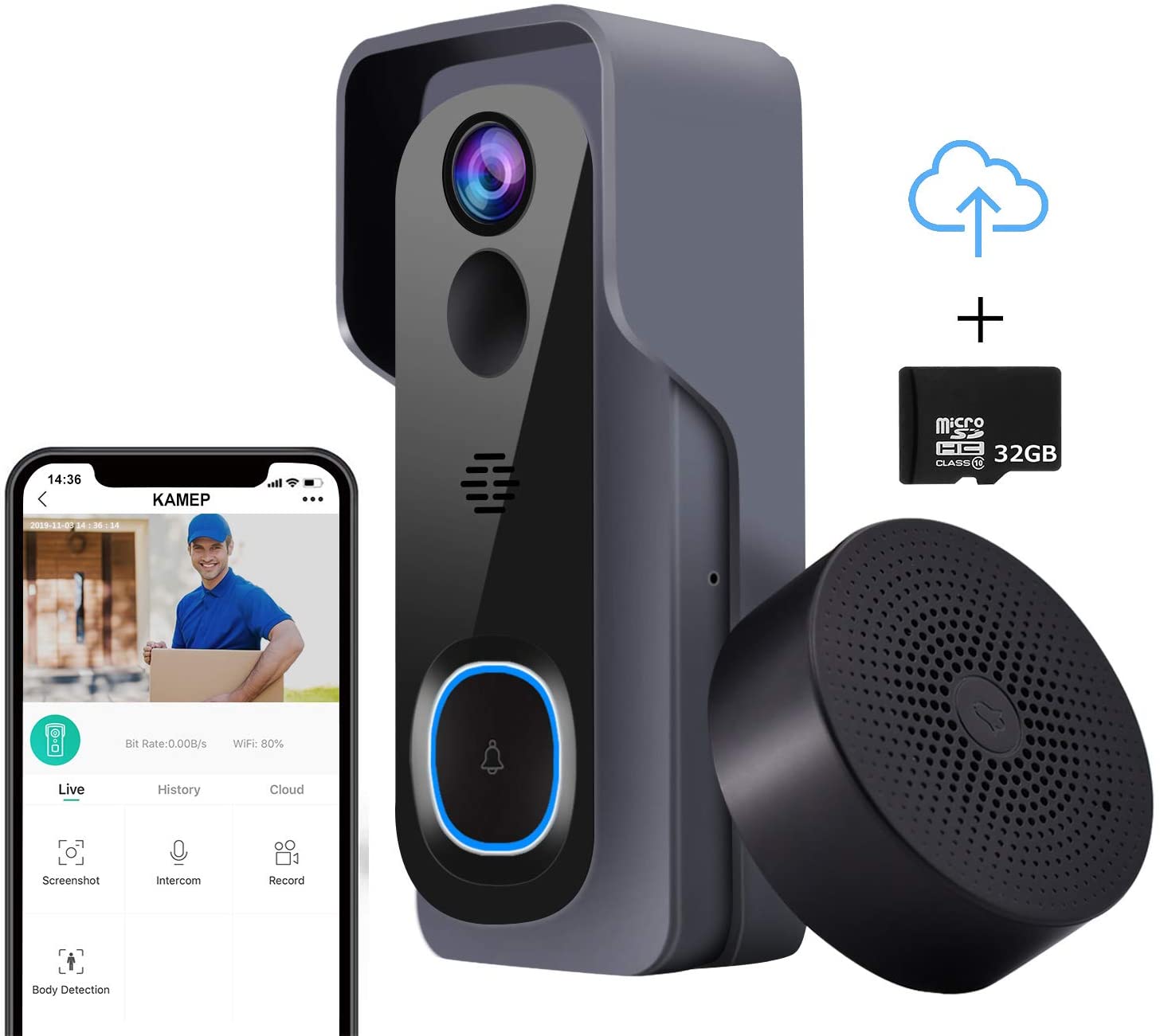 【32GB Preinstalled】Video Doorbell, KAMEP 1080P HD WiFi Doorbell Camera