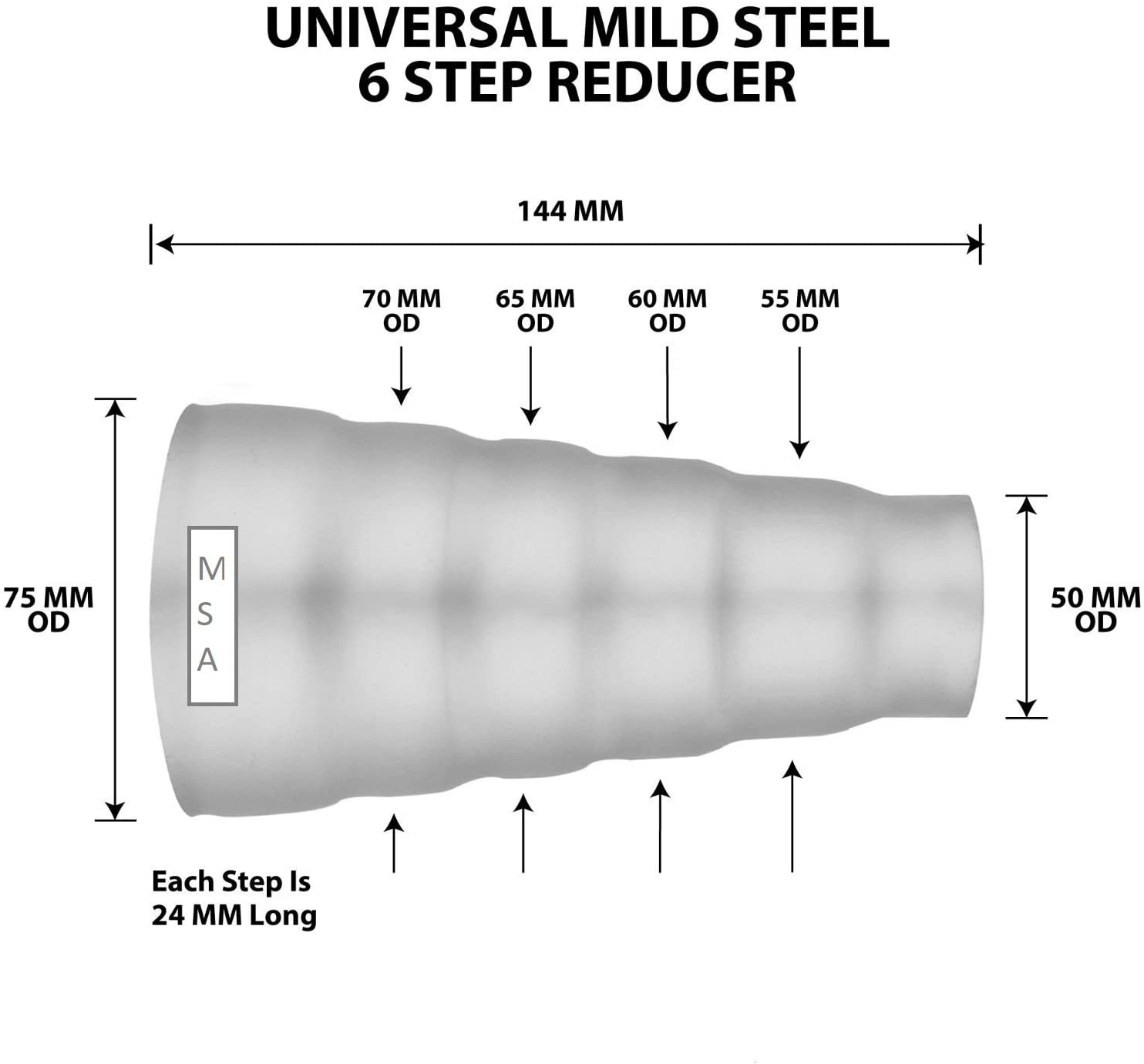 Mild Steel Exhaust 6 Step Reducer Adapter Connector Tube Pipe Cone universal, Silver