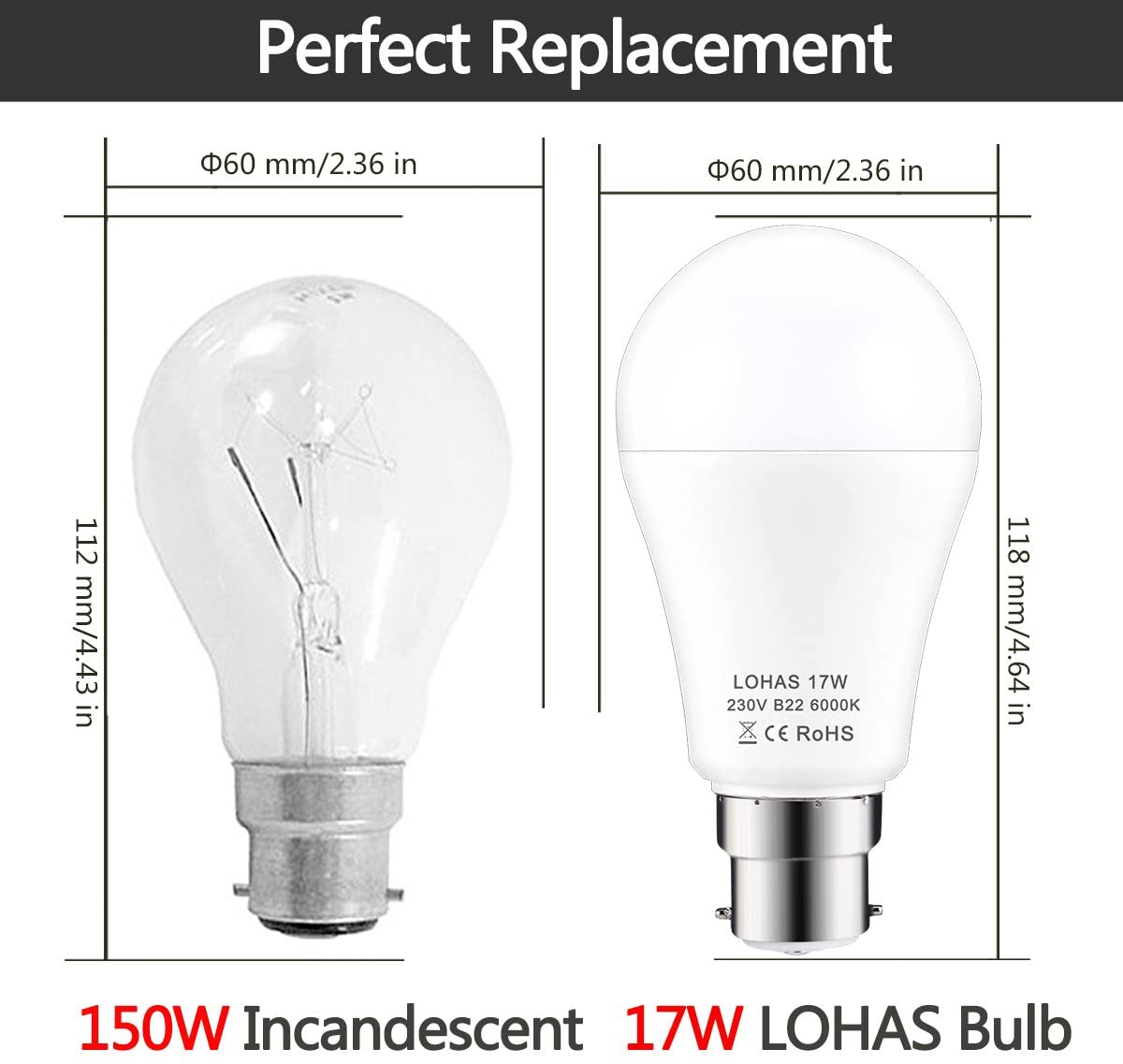 LOHAS B22 LED Bulbs 150W Equivalent, 17W LED Bayonet Light Bulb, Cool White 6000K, Super Bright 1600Lm, Non-Dimmable - Image 2