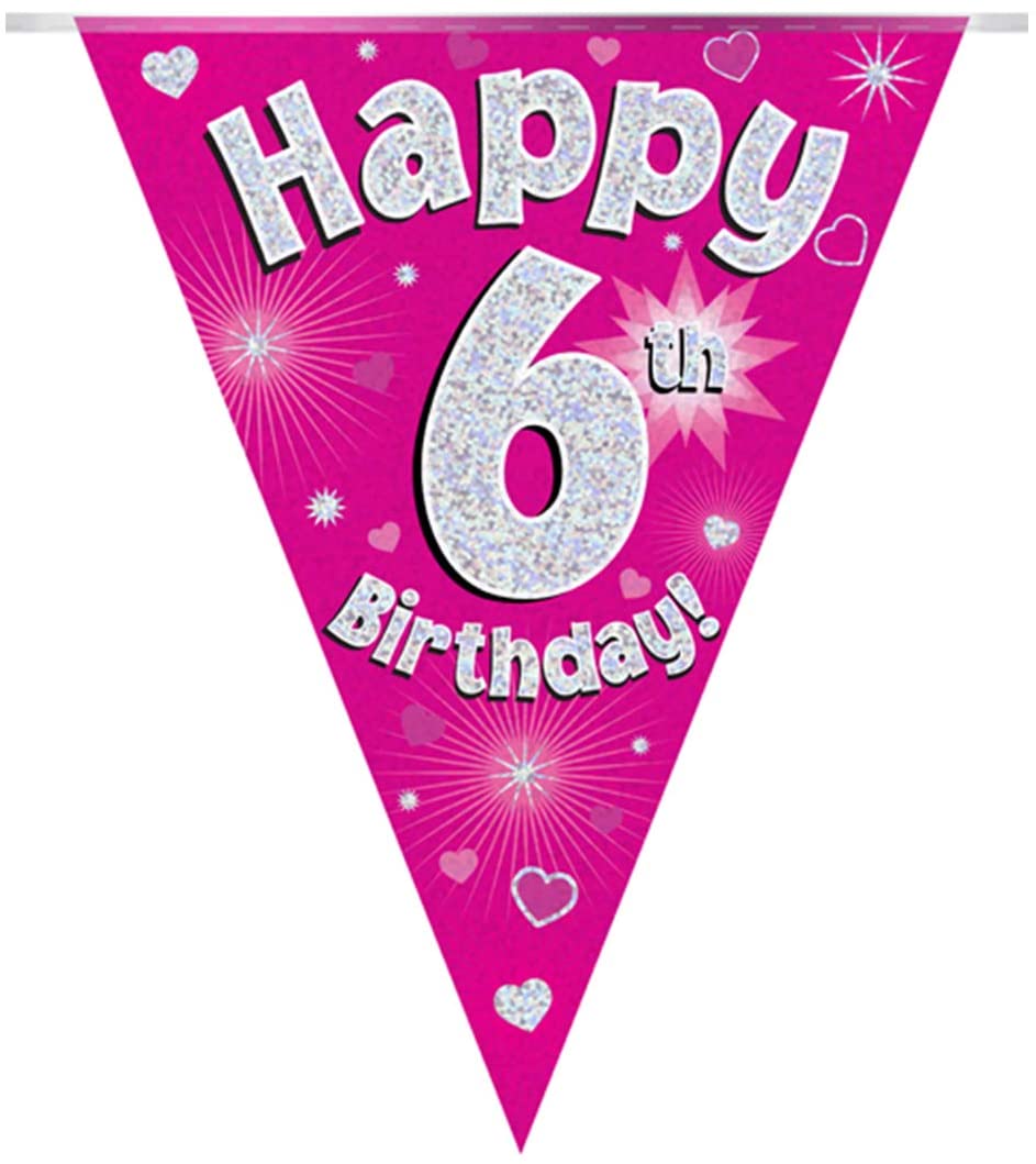 Party Bunting Happy 6th Birthday Pink Holographic 11 flags 3.9m, 28 cm x 390 cm