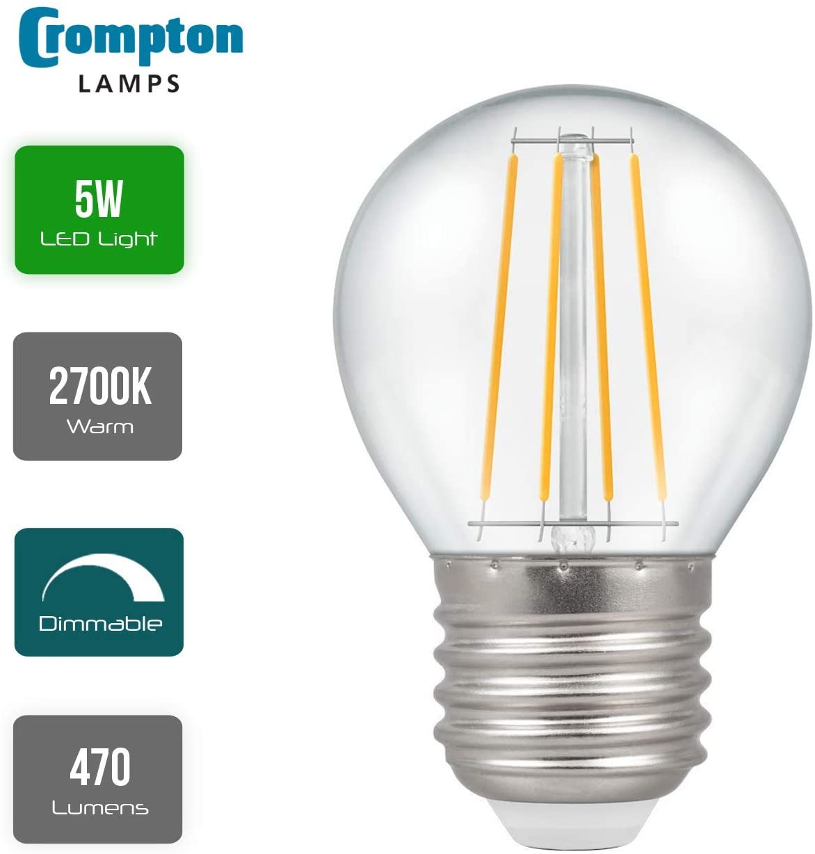 Crompton LED Dimmable Filament Golf Ball Light Bulb Clear 5W E27 ES 2700K Warm - Image 2
