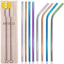 Set of 8 Reusable Metal Straws and Cleaner, 8.5'' Coloured Stainless Steel Straws Reusable, (4 Straight + 4 Bent + 2 Brushes Reusable Straws Drinking) by AniSqui