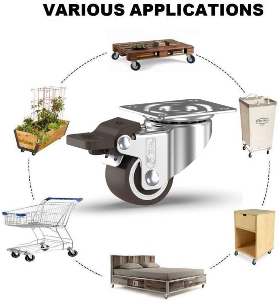 GBL Heavy Duty Castor Wheels with 2 Brakes + Screws - 25mm up to 40KG - Pack of 4 No Floor Marks Silent Caster for Furniture - Rubbered Trolley Wheels - Silver Castors - Image 4