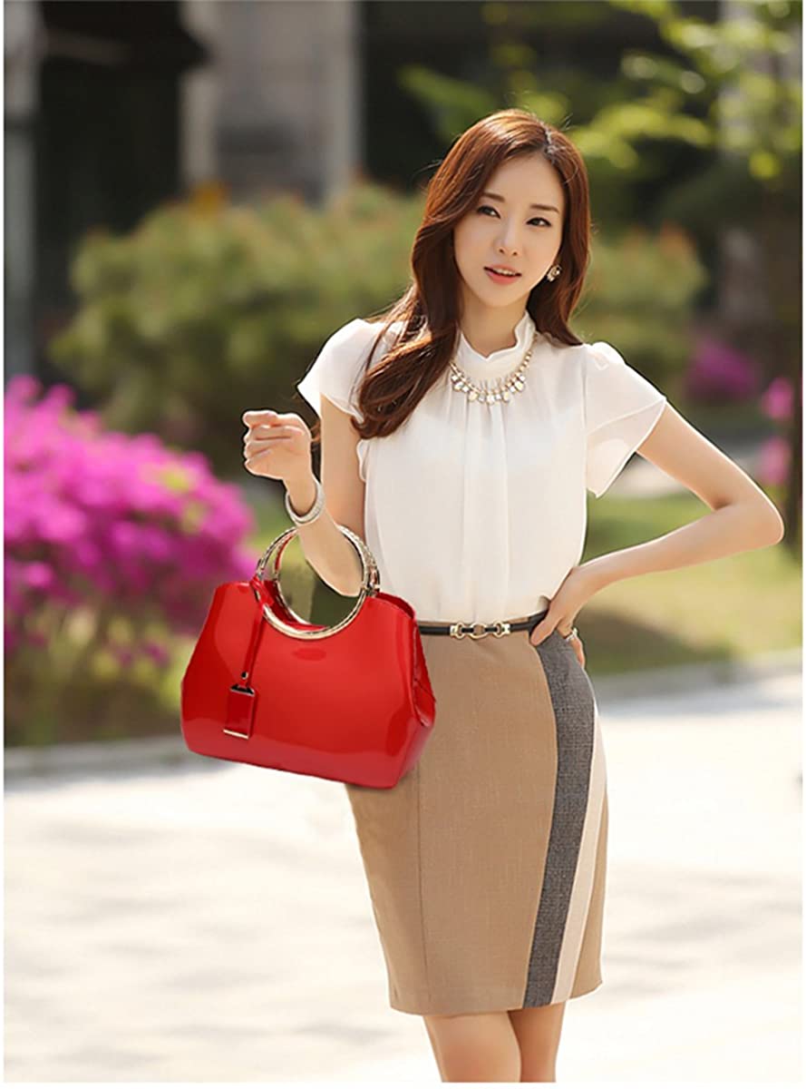 Coolives Womens Ring Handle PU Patent Leather Handbag Red - Image 2