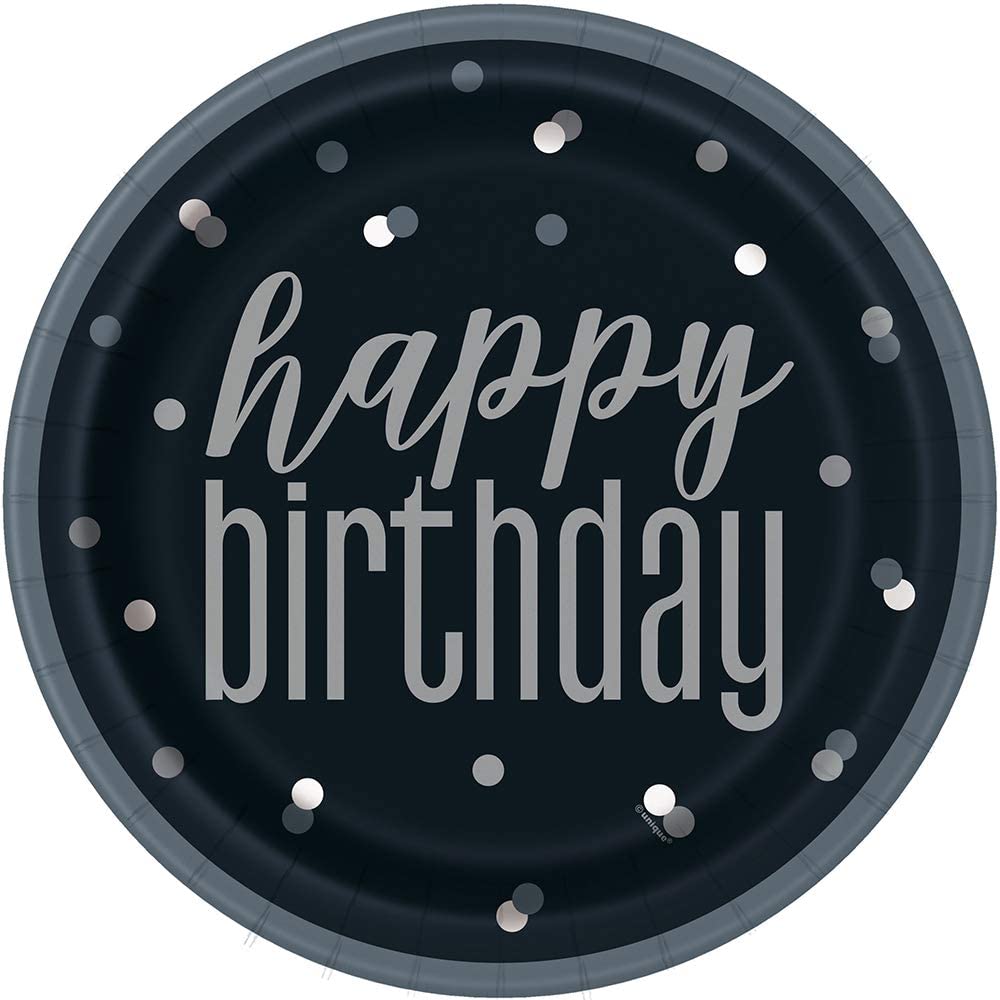 Unique Party 83587-23cm Glitz Black & Silver Birthday Party Plates, Pack of 8, 8 Count (Pack of 1)