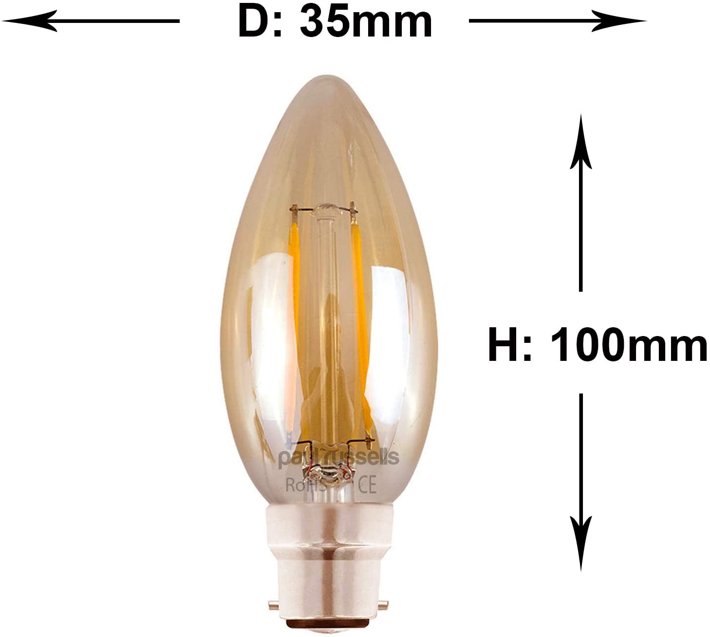 paul russells LED Candle Filament Light, 2.5W 20W Equivalent Replacement, 200LM Lumens, 2200K Extra Warm White - Image 3