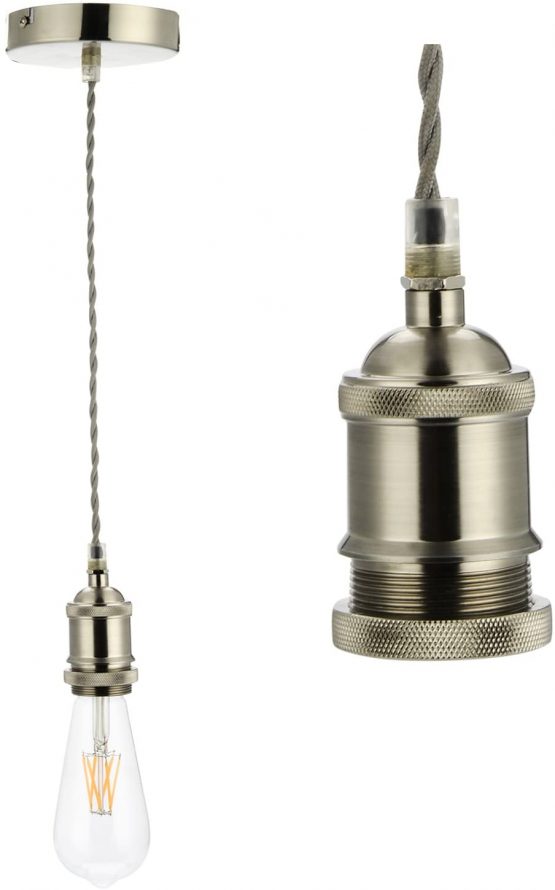 COZZY Vintage Ceiling Pendant Light Fitting, Light Grey Twisted Braided Flex,E27 Lamp Holder Suspended Pendant Light Fitting Kit-Satin Nickel