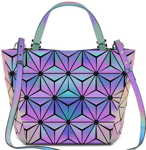 BestoU Geometric Grid Holographic Handbags for Ladies, Color Changing Ladies Purse PU Leather Shoulder Bag