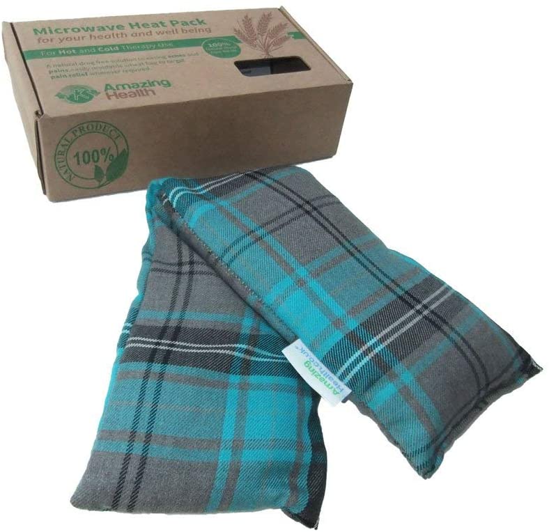 Amazing Health UNSCENTED Microwave Wheat Bag - Turquoise Tartan, 46cm Long, Cotton Heat Pad, Hot and Cold Pack, Made in UK, Gift Boxed