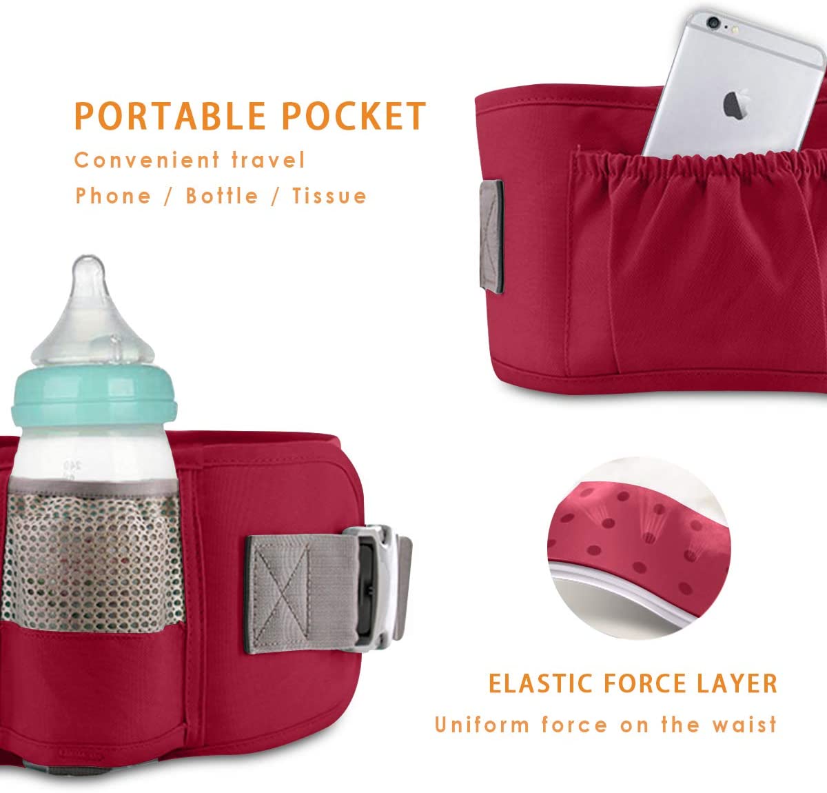 SONARIN 3 in 1 Multifunction Hipseat Baby Carrier,Front and Back,100% Cotton,Ergonomic,Easy Mom,Adapted to Your Child's Growing(Red) - Image 4