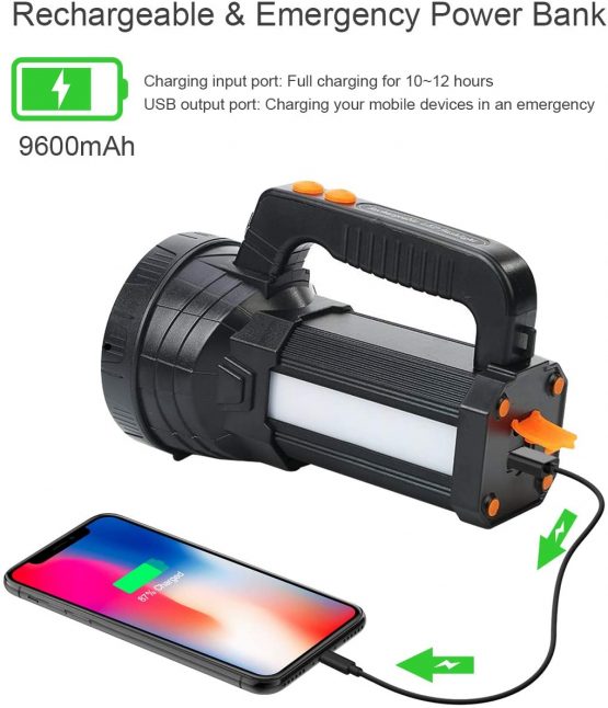 LED Torch Flashlight Rechargeable, 10000 Lumen Super Bright Searchlight Spotlight Camping Lantern Waterproof, 6 Lighting Modes for Outdoor Hiking Fishing, Shoulder Strap & UK Charger Included, Black - Image 4