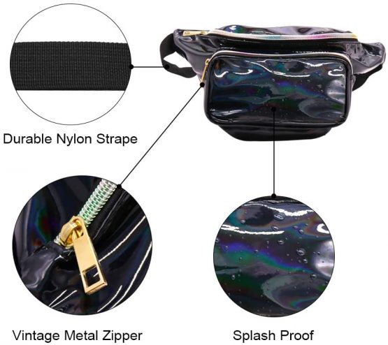 Geestock Holographic Fanny Pack for Women/Men,Belt Bag for Men PVC Waterproof Shiny Waist Bag, Laser Waist Bum Bag with Adjustable Belt for Travel, Party, Festival Rave, Running, Hiking (Black) - Image 4
