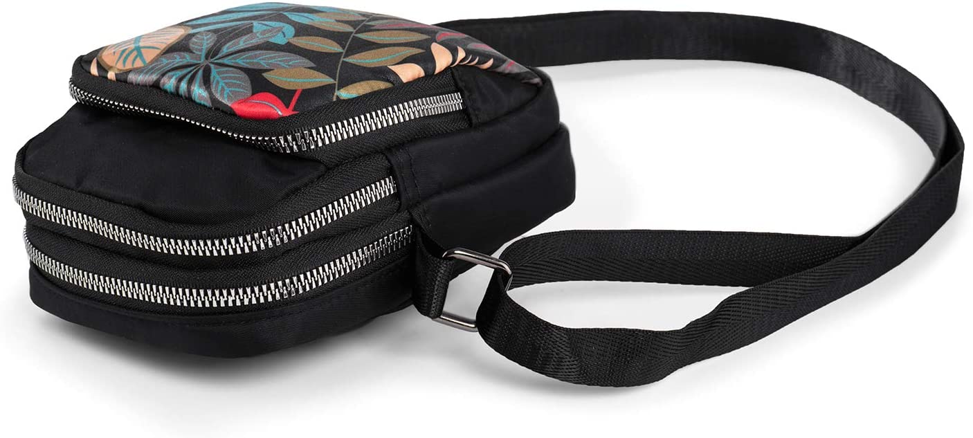 LaRechor Small Crossbody Phone Bags for Women Mobile Phone Pouch, Mini Shoulder Bag, Long Strap, 3 Zippers, Black with Leaves Pattern