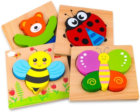 Afufu Wooden Jigsaw Puzzles for Toddlers 1 2 3 Years Old, Boys &Girls Educational Montessori Learning Toys Gift with 4 Animals Patterns, Bright Vibrant Color Shapes of Animal - Image 2