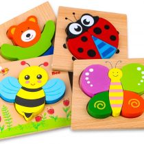 Afufu Wooden Jigsaw Puzzles for Toddlers 1 2 3 Years Old, Boys &Girls Educational Montessori Learning Toys Gift with 4 Animals Patterns, Bright Vibrant Color Shapes of Animal