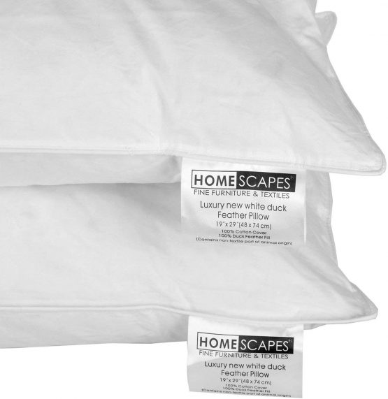 HOMESCAPES - White Duck FEATHER Pillow PAIR - Department Store Quality - Anti Dust Mite - Washable - Medium / Soft Firmness - 100% Cotton Downproof Cover - RDS Certified - Image 3