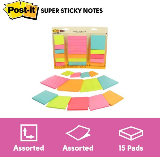 Post-it Notes Super Sticky Notes, 2" x 2", 3" x 3", 4" x 4", Multi Pack, Miami Colours (15 Pack)