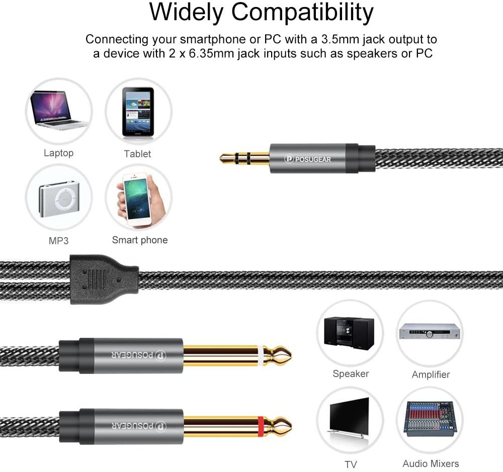POSUGEAR 2m 3.5mm to 6.3mm Mono Audio Splitter, Nylon Braid Gold-Plated Cable for Mixer Audio Recorder, Guitar, Amplifier - Image 4