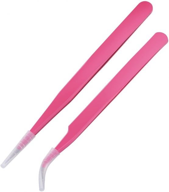 2 Pieces Straight and Curved Tip Tweezers Nipper for Eyelash Extensions, Pink Stainless Steel False Lash Application Tools - Image 2