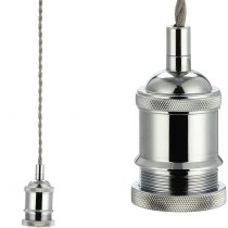 COZZY Vintage Ceiling Pendant Light Fitting, Light Grey Twisted Braided Flex,E27 Lamp Holder Suspended Pendant Light Fitting Kit-Chrome