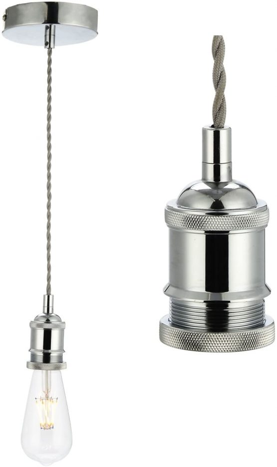 COZZY Vintage Ceiling Pendant Light Fitting, Light Grey Twisted Braided Flex,E27 Lamp Holder Suspended Pendant Light Fitting Kit-Chrome