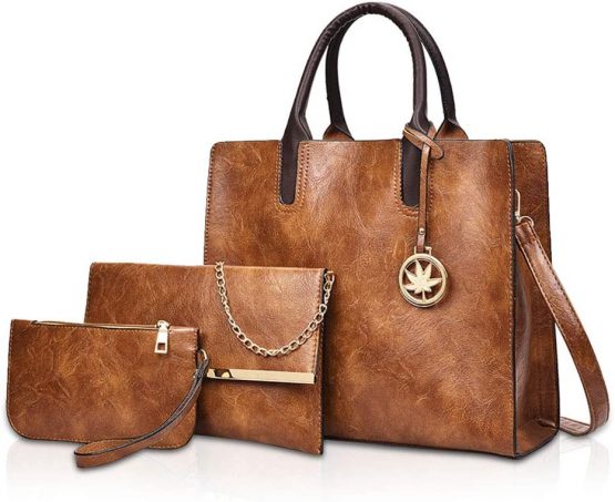 NICOLE&DORIS Women Handbags 3 Pieces Leather Handbag for Ladies Leather Totes + Crossbody+Wristlet Brown