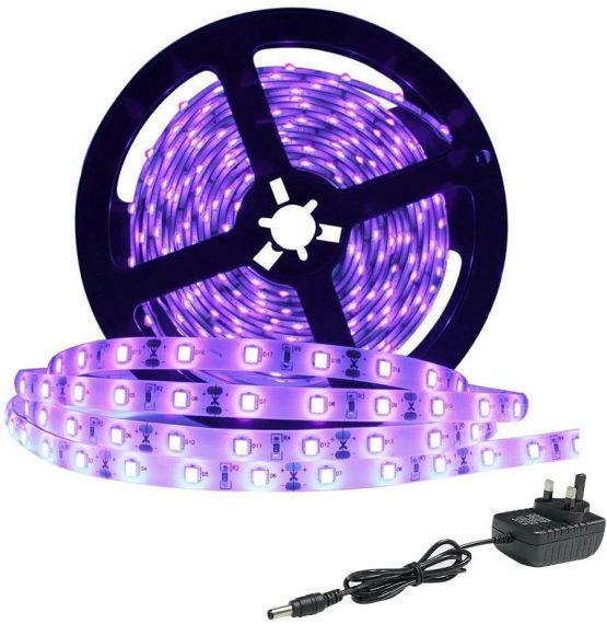 LightingWill 24 Watts UV Black Light LED Strip, 16.4FT/5M 3528 300LEDs 395nm-405nm Non-Waterproof Blacklight Night Fishing Sterilization Implicitly Party with 12V 2A Power Supply