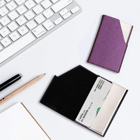 homEdge Business Card Holder, Slim Professional 2 Packs PU Leather+Stainless Steel Business Card Case for Traveling and Business-Gray and Purple - Image 3