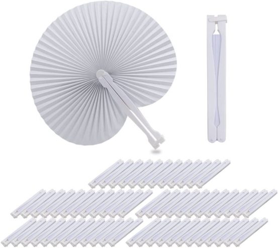 60pcs White Folding Fans in Paper Assortment with Plastic Handle for Wedding/Party/Church Favor