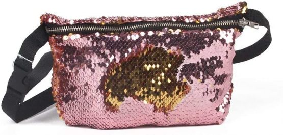 NUOLUX Double Color Sequins Waist Bag Casual Outdoor Sports Bag (Gold + Pink)