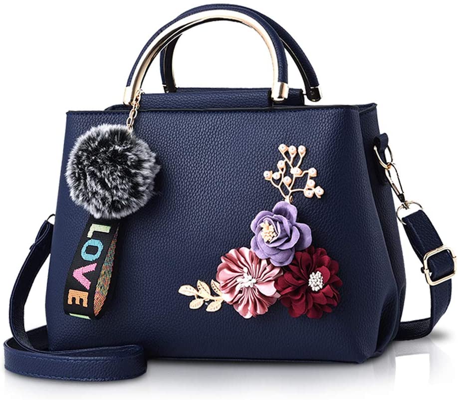 NICOLE & DORIS Women Leather Handbag Shoulder Bags with Flower Vintage Handle Bag Designer Tote Purse with Pompom Dark Blue