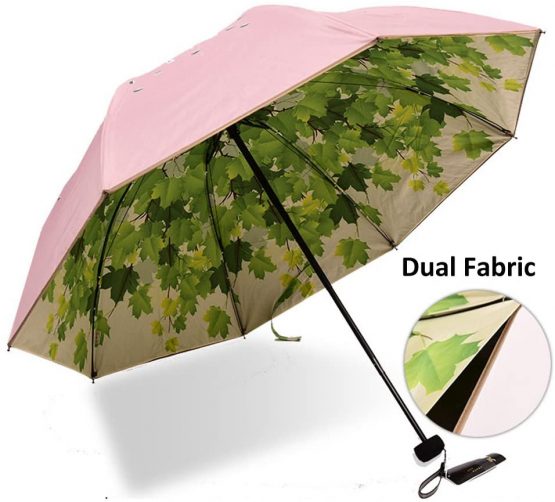 Green Tree Leaf Folding Travel Sun Umbrella Double Layer Sunblock UV Protection UPF 50+ Rain Resistant Compact Size Parasol Fold into Pocket (Pink) - Image 2