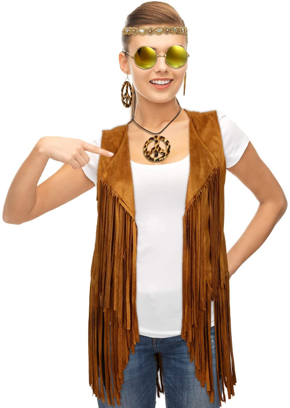 6 Pcs 60s 70s Hippie Costume for Women Peace Sign Earring Necklace Headband Fringe Vest Tassel Cardiga (Medium) - Image 4