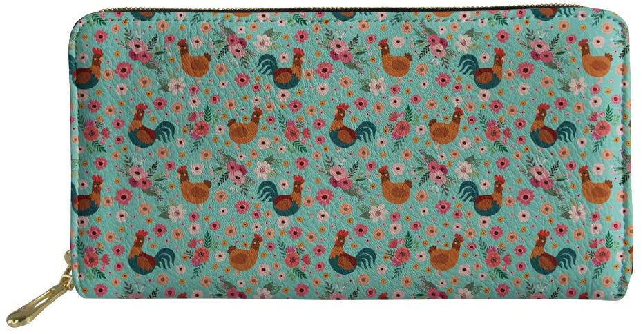 HUGS IDEA Flowers Chicken Print Women Zip Around Organizer Wallet PU Long Purse Clutch, Chicken 5