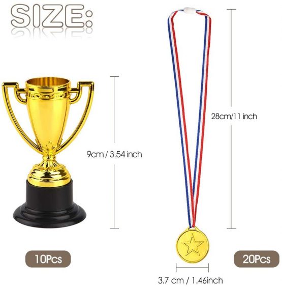 FEPITO 30 Pcs Trophies Medals Set 10Pcs Gold Plastic Trophy Cup and 20Pcs Winner Medals for Kid Party Sports Awards - Image 2