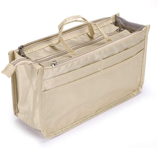 IGNPION Printed Insert Handbag Purse Organiser 13 Pockets Expandable Liner Bag Pouch Zipper Closure Tote Organiser Diaper Bag Insert with Handle (Beige）