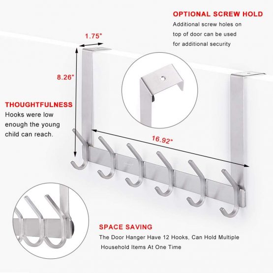 YUMORE Over The Door Hook Hanger,Stainless Steel Heavy Duty Door Hangers 12 Hooks Coat Hanging Storage Rack Space Saving Clothes Hat Bag Towel Robe Organizer for Tidy Bedroom Bathroom - Brush Finish - Image 3