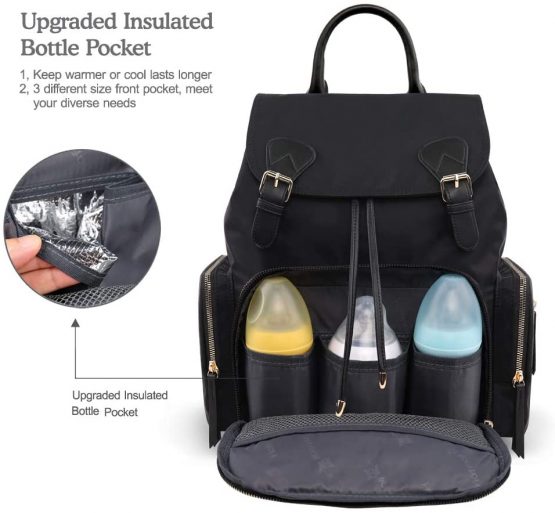 Hafmall Nappy Changing Bag Backpack, Waterproof Stylish Baby Diaper Bag with Insulated Bottle Pockets for Travel (Black) - Image 2