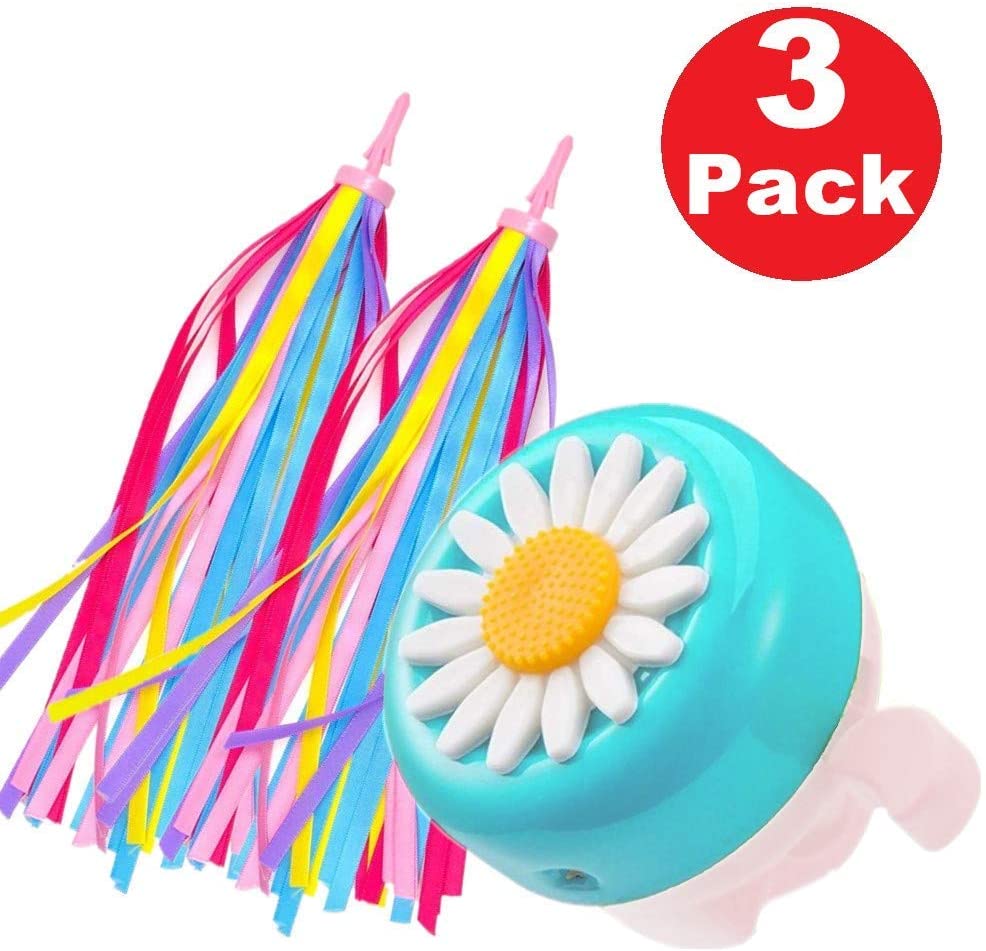 obqo 1 Pack Kids Bike Bell and 2 Pack Kids Bike Streamers for Children's Bike Accessories (Pink, Red, Purple & Blue) (Blue & White)