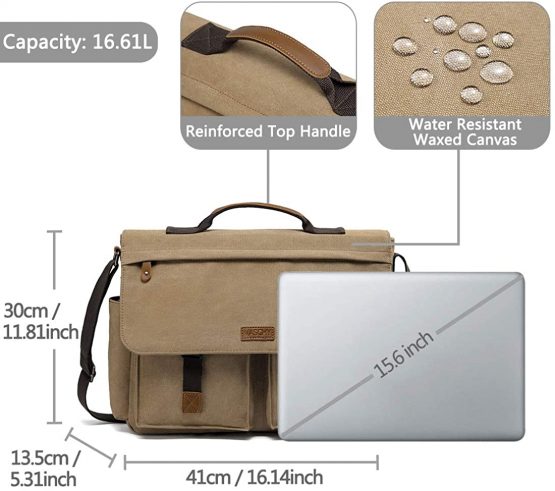 Messenger Bag Mens, VASCHY Vintage Water Resistant Waxed Canvas 15.6 inch Laptop Shoulder Bag Briefcase Satchel with Padded Shoulder Strap - Image 3