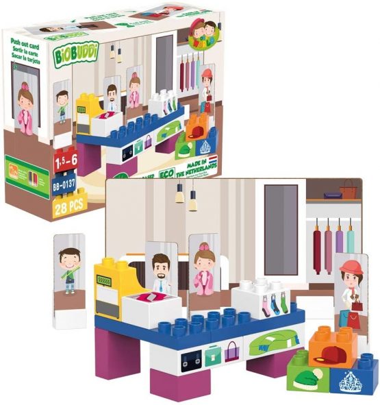 BIOBUDDI BB-0137 Building Fashion Shop Play Set, 19 Blocks, 9 Push-Out Cards, Multi-Coloured - Image 2