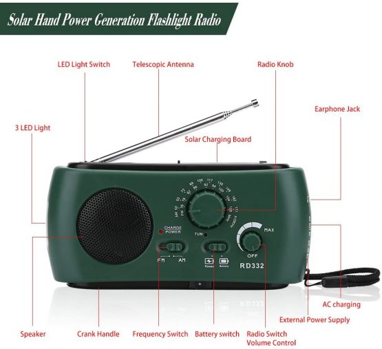 Dilwe LED Flashlight, Solar Hand Crank AM/FM Radio with LED Flashlight Emergency Phone Charger(Dark Green) - Image 3