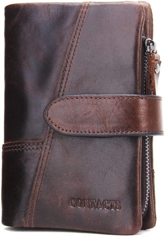 Contacts Mens Genuine Leather Trifold Wallet Card Holder Zipper Coin Bifold Short Purse Vintage (Dark Brown) - Image 3