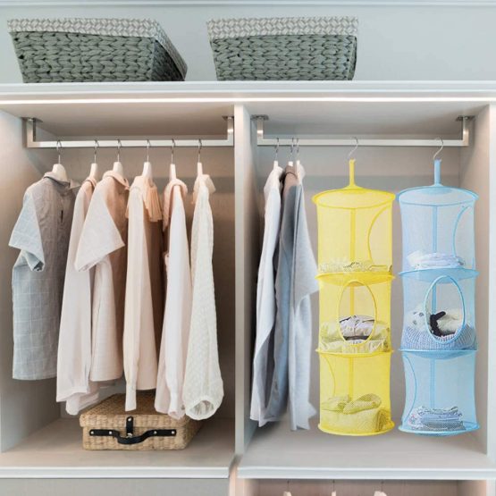 Heqishun 4 Pack Hanging Storage Basket with 4 S Hooks, Foldable Space Saver Bags Organizer Kids Mesh Storage Box Basket for Wardrobe, Bathroom and Kitchen - Image 3