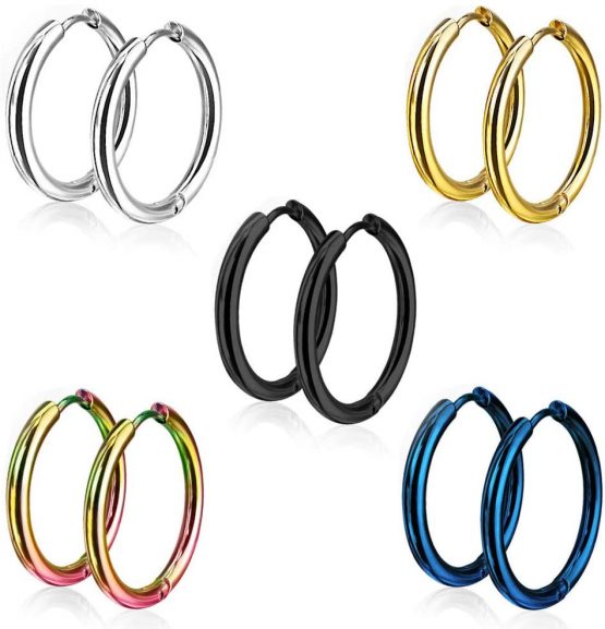 5 Pairs 15mm 316L Stainless Steel Huggie Hinged Hoop Earrings for Men Women, Jewelry Earrings Men Black round, Small Silver Hoop Earrings Set, Titanium Gold Earrings Men Ladies Clip on Studs Piercing