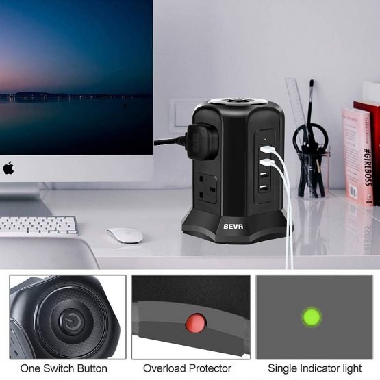 Tower Extension Lead, Vertical Power Strip with 6 sockets and 4 USB Ports, BEVA Multi Plug Charging Station with 2M Extension Cord for Home, Office, Black… - Image 4